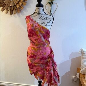 Showpo BRAILEY MINI DRESS One-Shoulder Dress in Pink and Yellow Floral